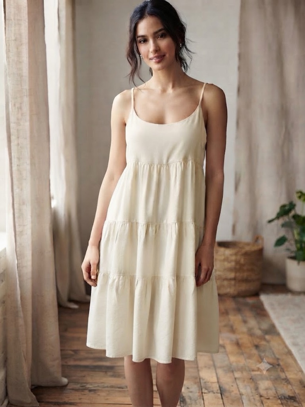 Club Monaco White Ruffle Tiered Spaghetti-Strap Midi Dress Vneck Buttoned back